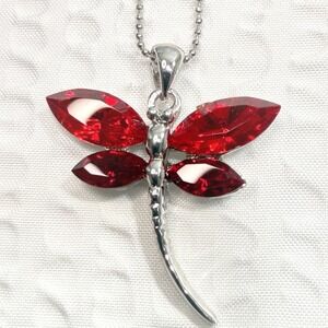 Red Dragonfly Necklace Silver Tone Ball Chain Lobster Claw Jewelry